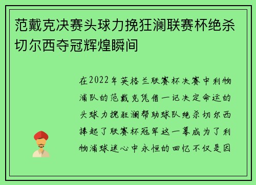 范戴克决赛头球力挽狂澜联赛杯绝杀切尔西夺冠辉煌瞬间